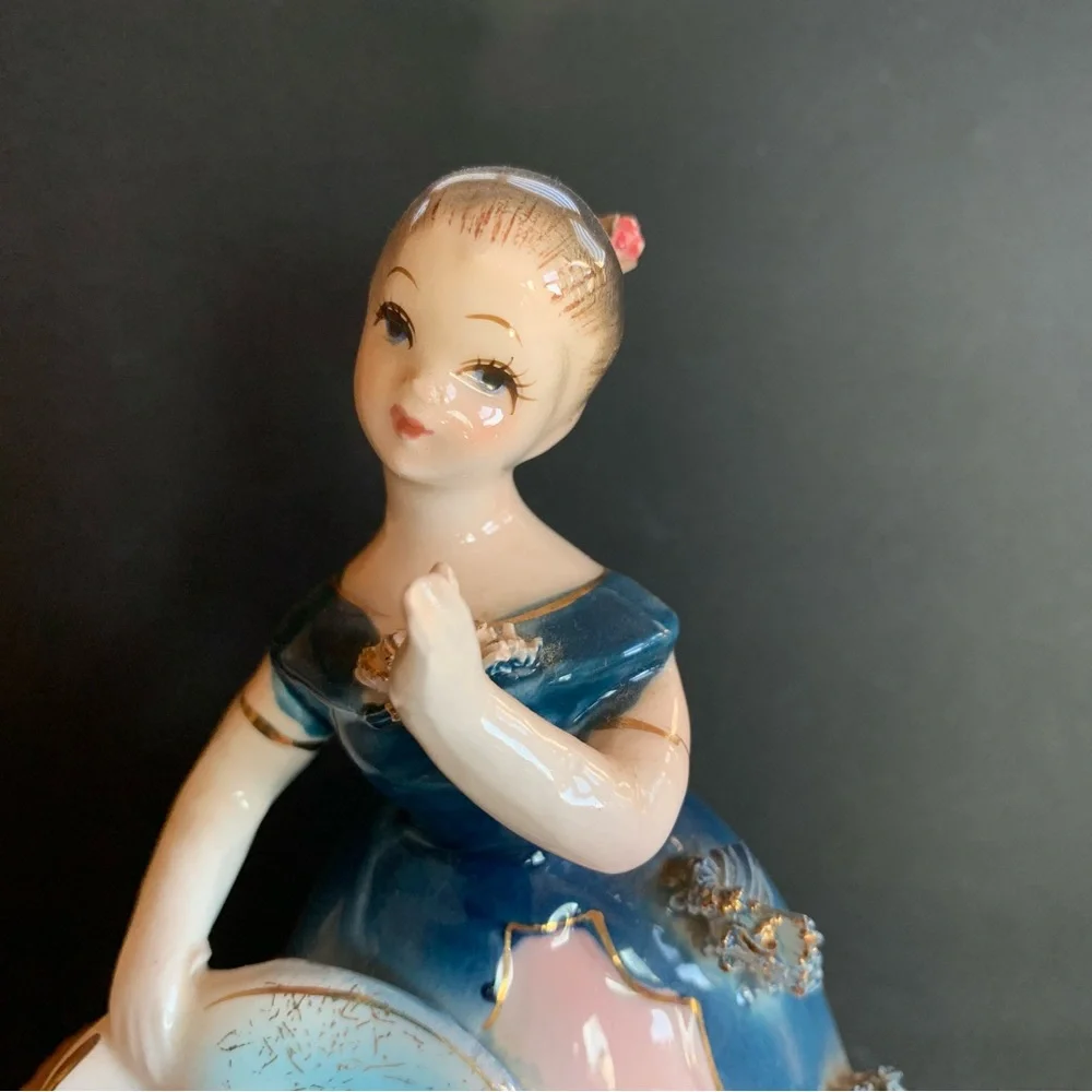 Vintage Porcelain Southern Bell Figurine, Blue & Pink Dress Flowers Matching Hat